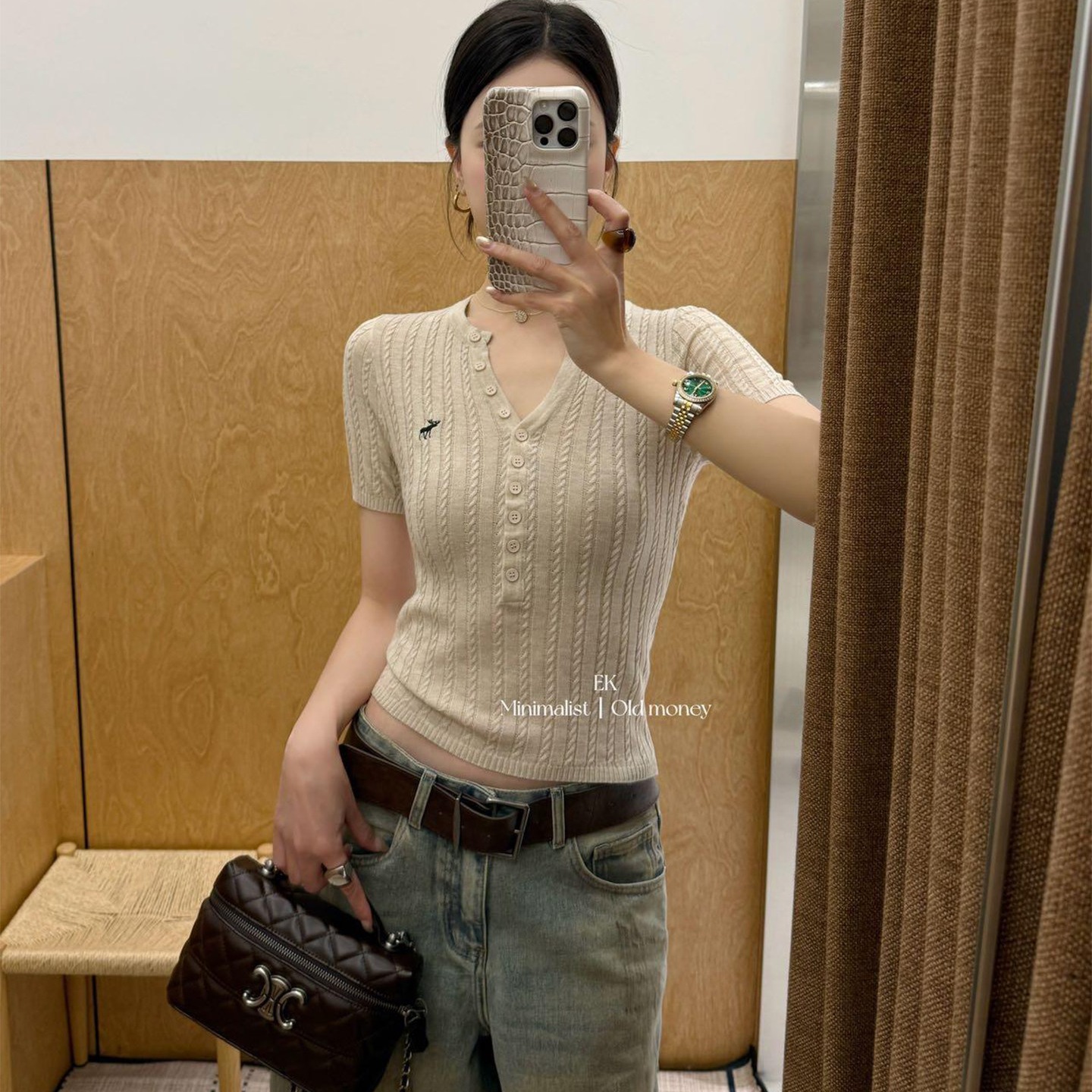 老錢風刺繡V領麻花針織衫短袖t恤女夏季小個子修身短款半開領上衣