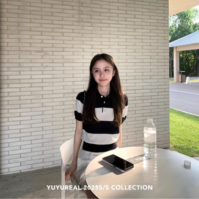 YUYUREAL 海軍風條紋撞色透氣polo衫