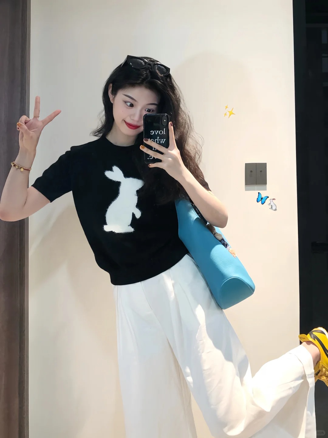 UnderStressRS剪影植絨小兔針織衫短袖韓系甜美短款修身T恤女