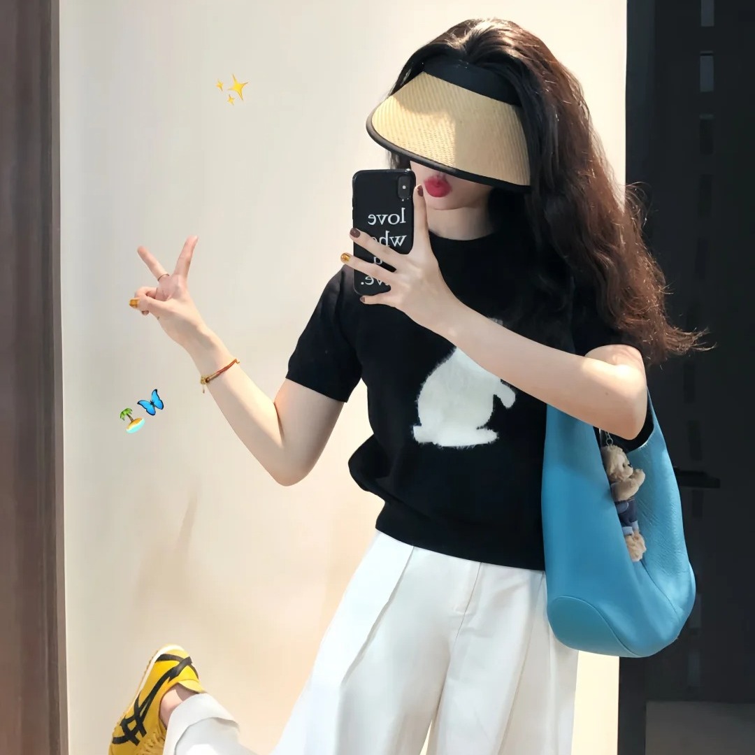 UnderStressRS剪影植絨小兔針織衫短袖韓系甜美短款修身T恤女