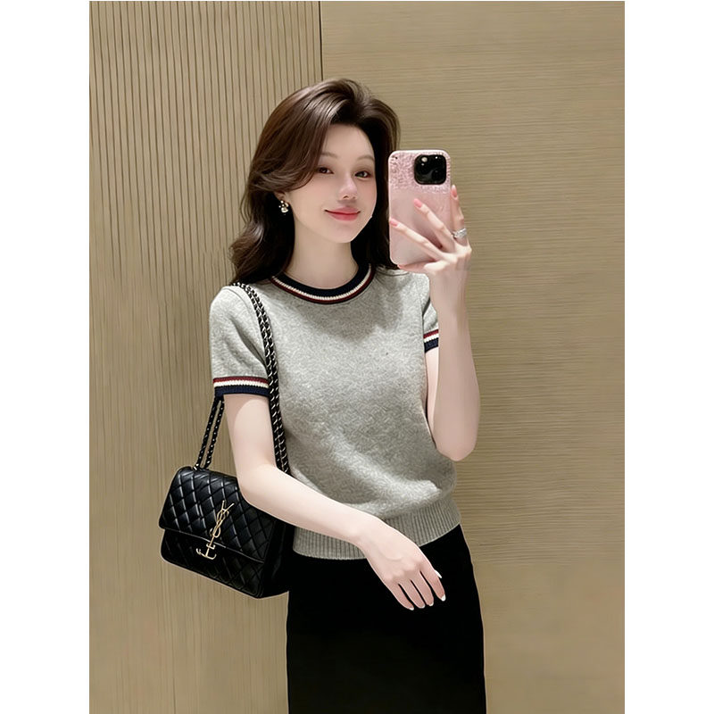 撞色圓領短袖針織衫女灰色設計感通勤上衣親膚舒適內搭修身打底衫