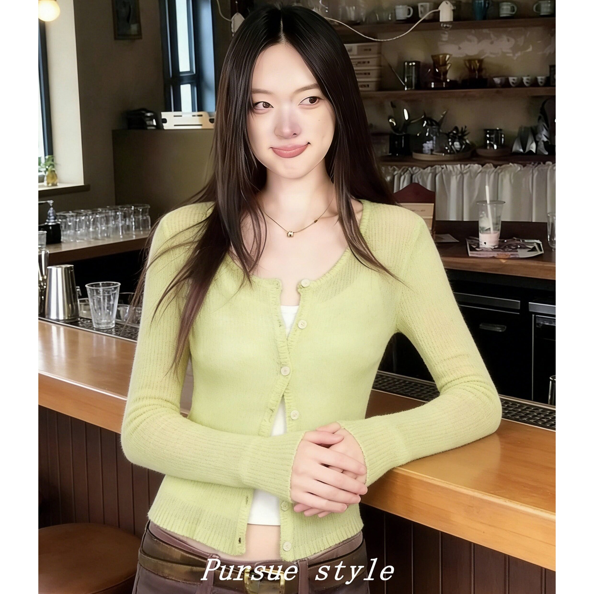清新抹茶薄荷曼波綠針織開衫女春季長袖防曬罩衫修身短款上衣