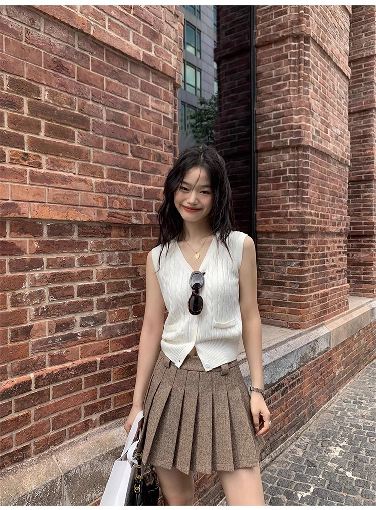 pusumede 灰色麻花V領毛衣馬甲女開衫春秋疊穿坎肩針織背心上衣