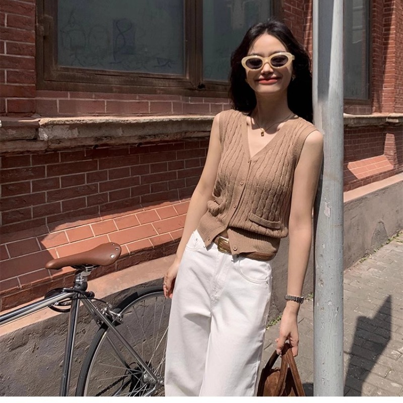 pusumede 灰色麻花V領毛衣馬甲女開衫春秋疊穿坎肩針織背心上衣