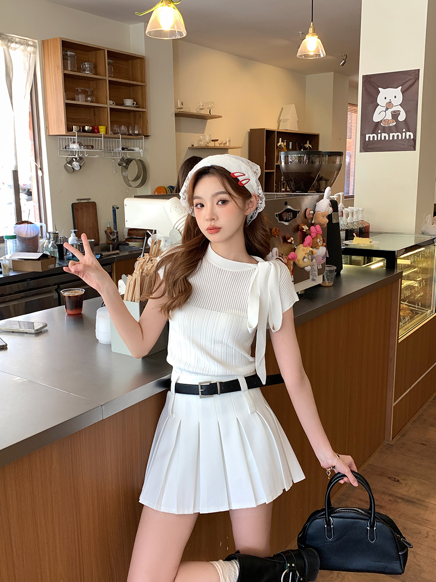 設計感蝴蝶結綁帶連袖肩針織衫女夏季新款修身氣質顯瘦圓領上衣潮
