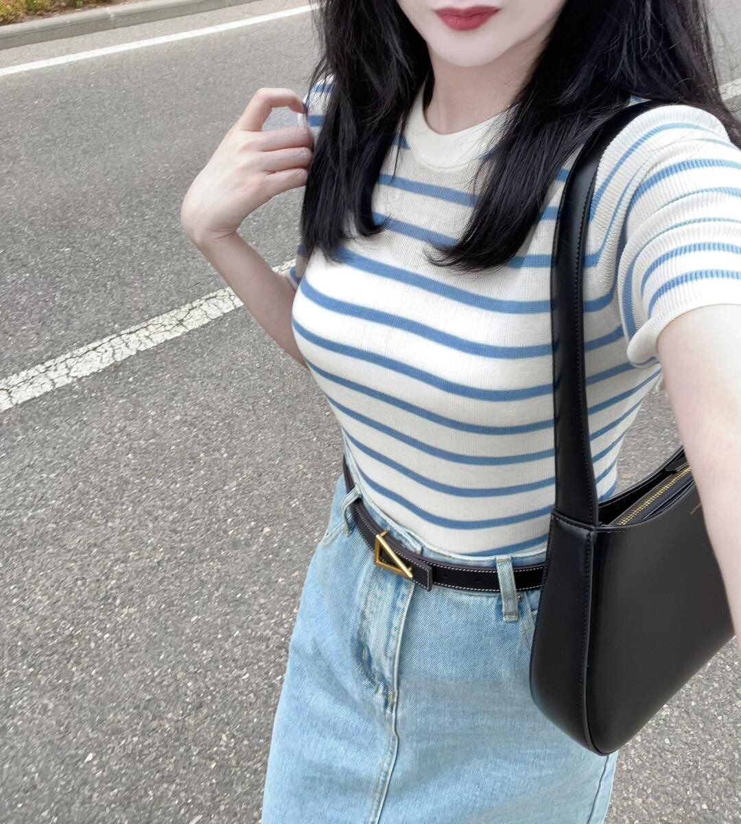 藍白條紋圓領針織冰絲短袖正肩女t恤小眾設計感獨特別致上衣夏款