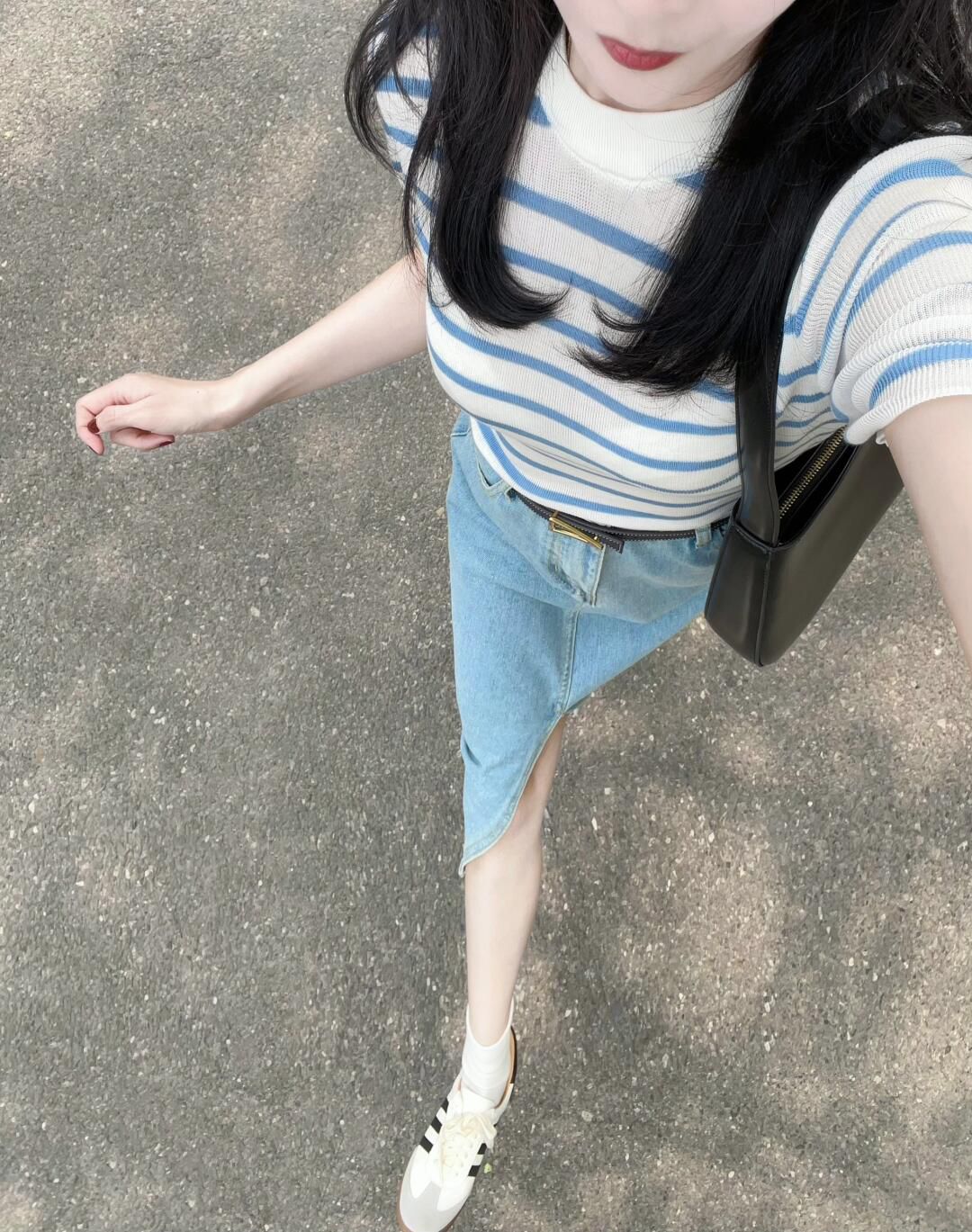 藍白條紋圓領針織冰絲短袖正肩女t恤小眾設計感獨特別致上衣夏款