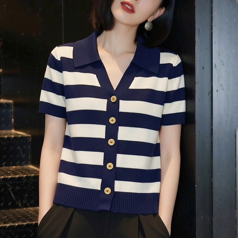 輕奢風通勤經典款氣質撞色條紋Polo領短袖針織衫女夏顯瘦百搭上衣