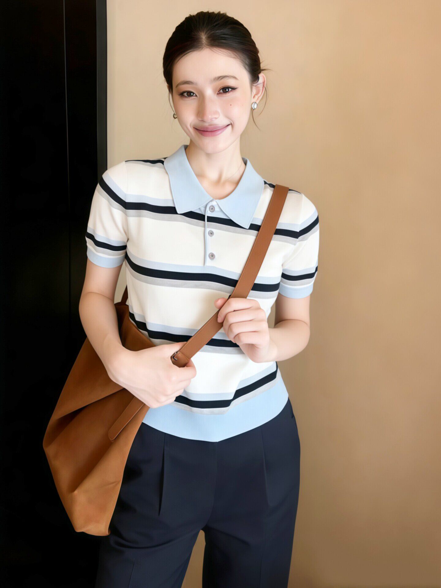條紋polo領短袖針織衫女裝春裝2026新款韓系撞色早春氣質女士上衣