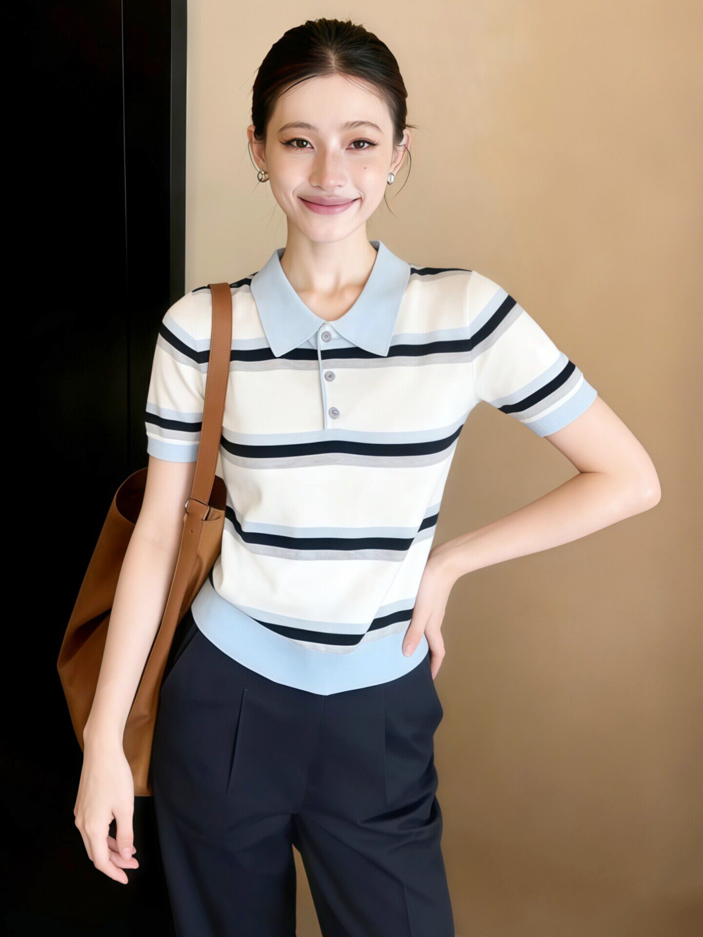條紋polo領短袖針織衫女裝春裝2026新款韓系撞色早春氣質女士上衣