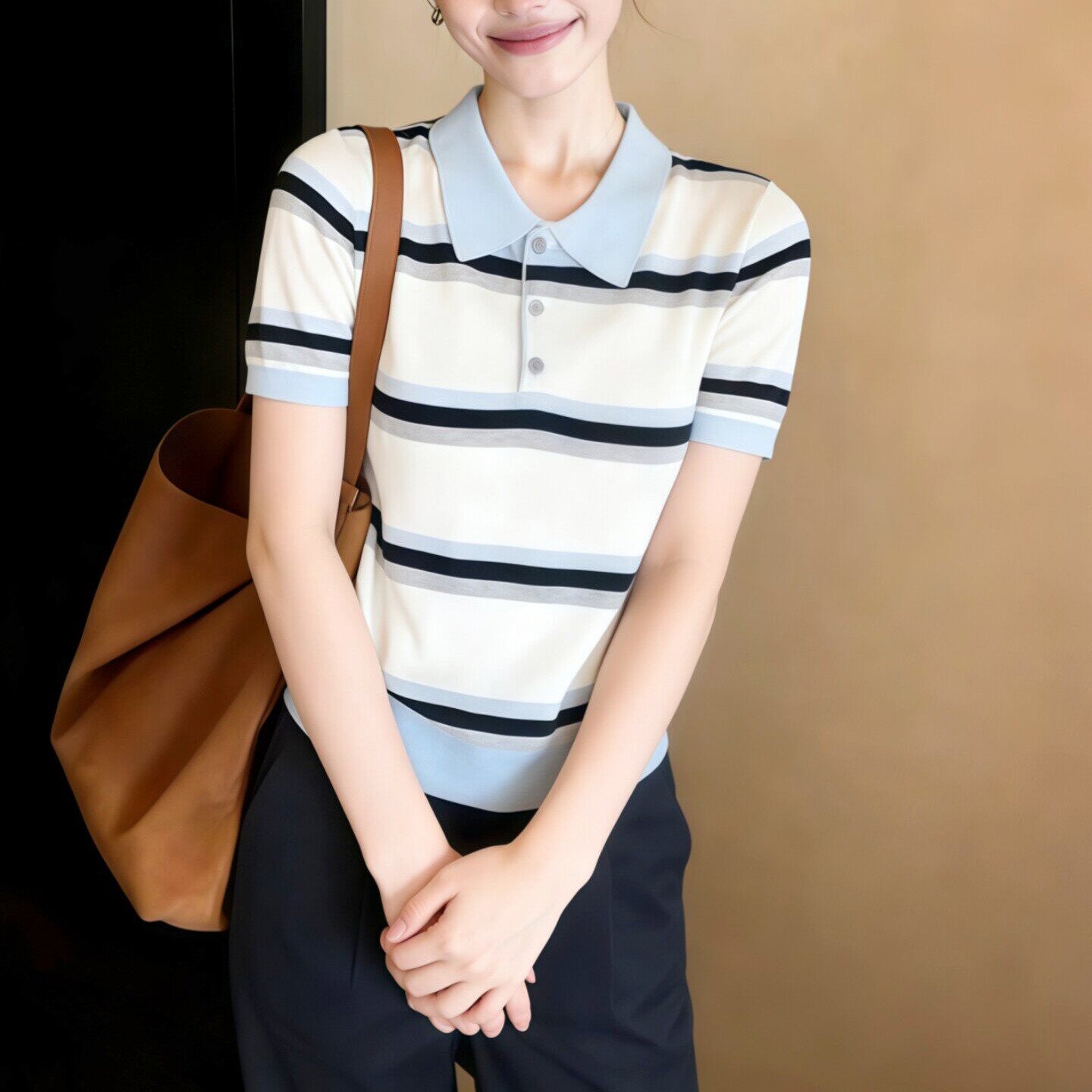 條紋polo領短袖針織衫女裝春裝2026新款韓系撞色早春氣質女士上衣