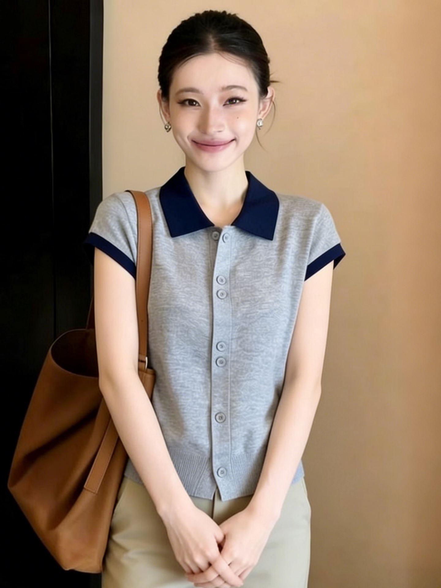 灰色Polo領短袖針織開衫女2026新款夏季韓系chic早春氣質女士上衣