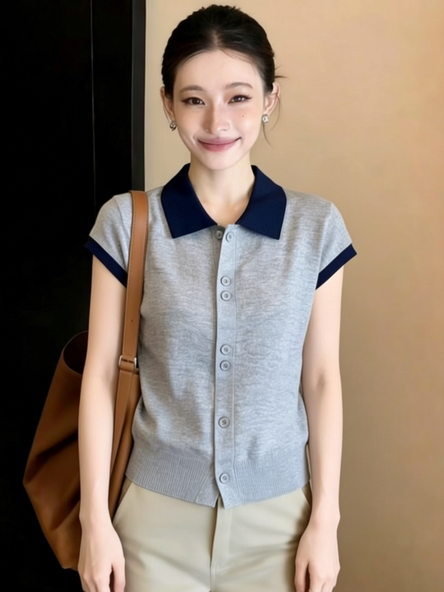 灰色Polo領短袖針織開衫女2026新款夏季韓系chic早春氣質女士上衣