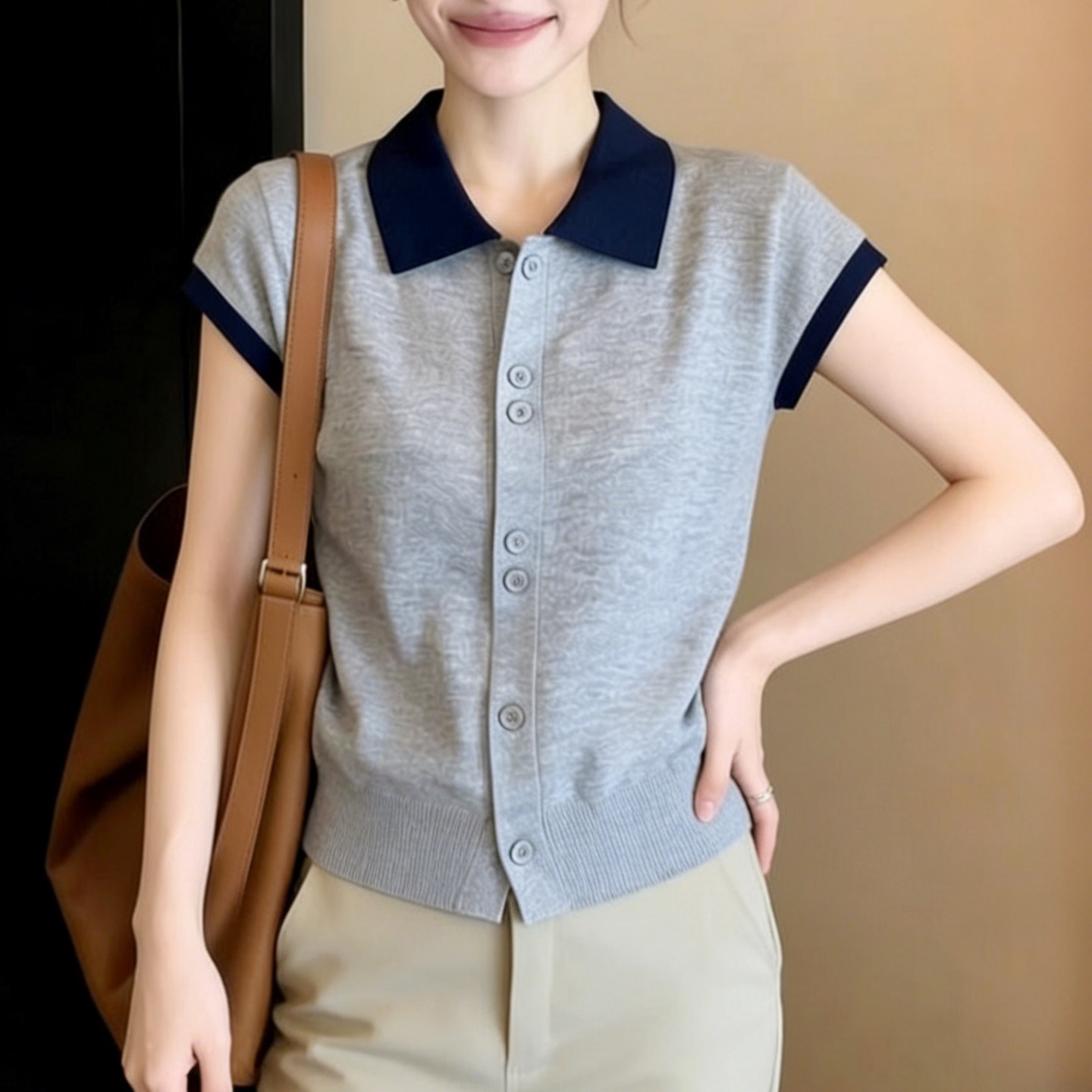 灰色Polo領短袖針織開衫女2026新款夏季韓系chic早春氣質女士上衣