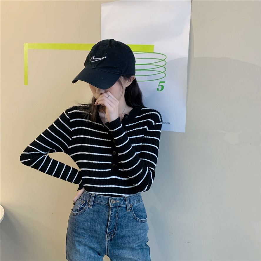 黑白色高級感撞色條紋半開領針織衫女春季新款氣質百搭顯瘦打底衫