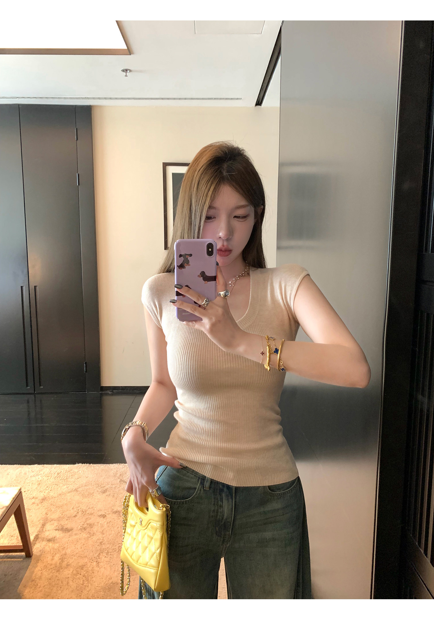 LUU桃喜兒/U領短袖設計感針織T恤女夏小眾短款修身顯瘦獨特上衣