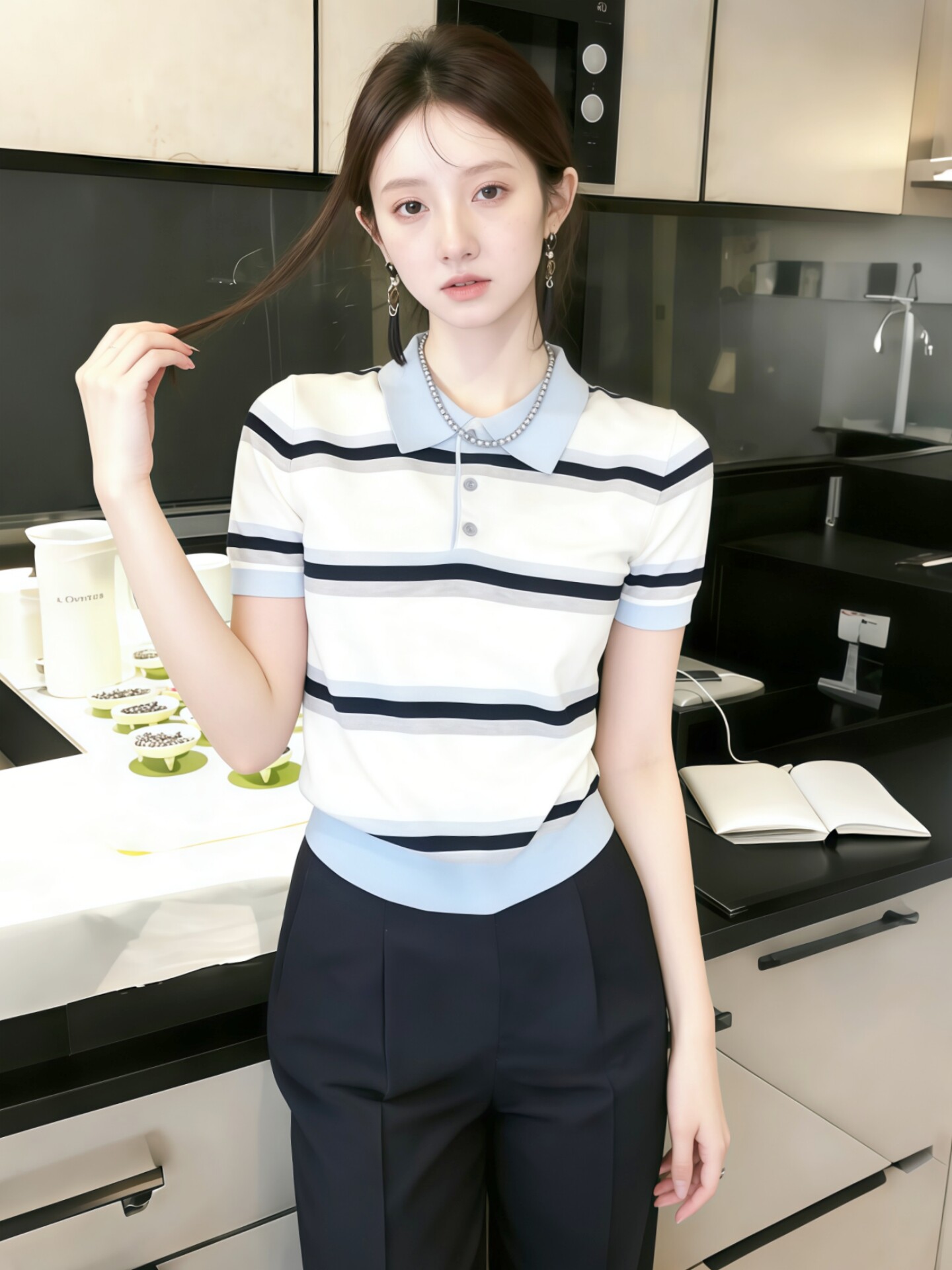 條紋polo領短袖針織衫女裝春裝2026新款春季設計感chic早春上衣服