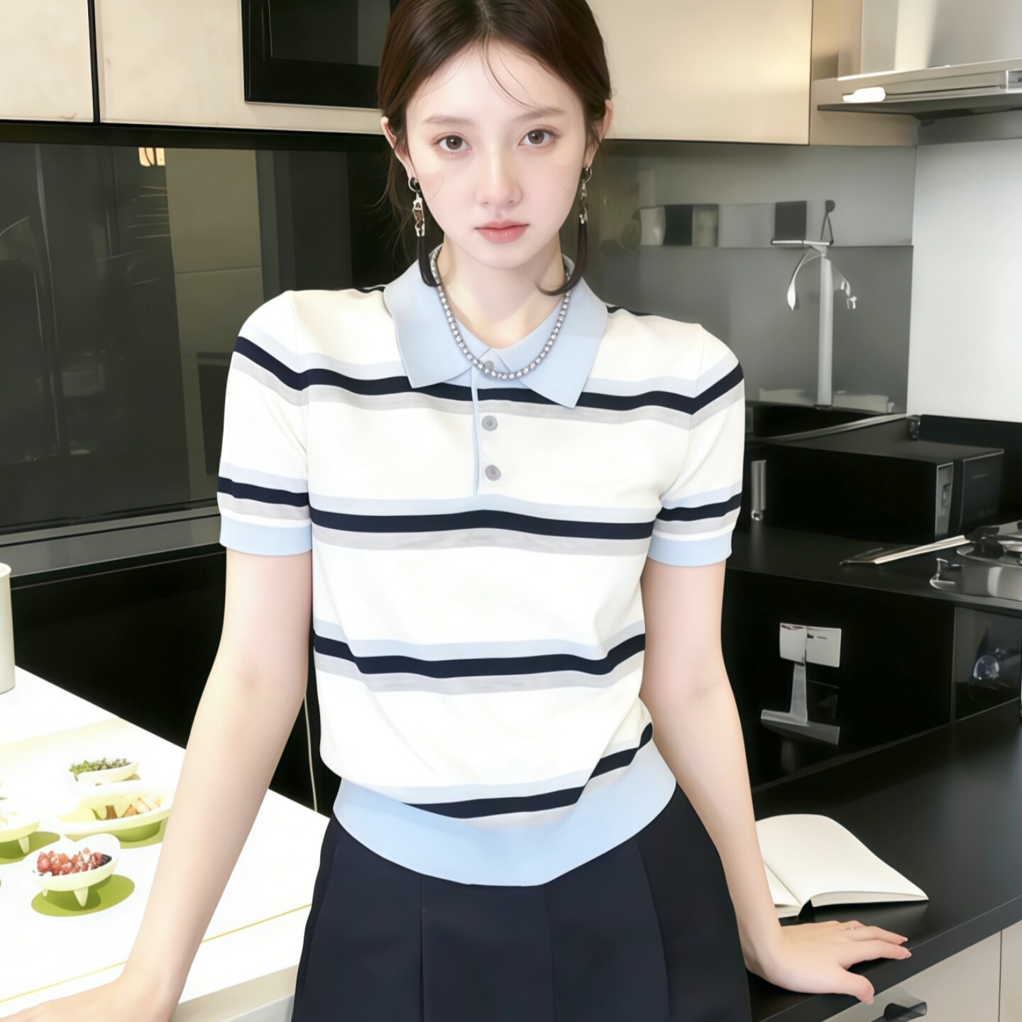 條紋polo領短袖針織衫女裝春裝2026新款春季設計感chic早春上衣服