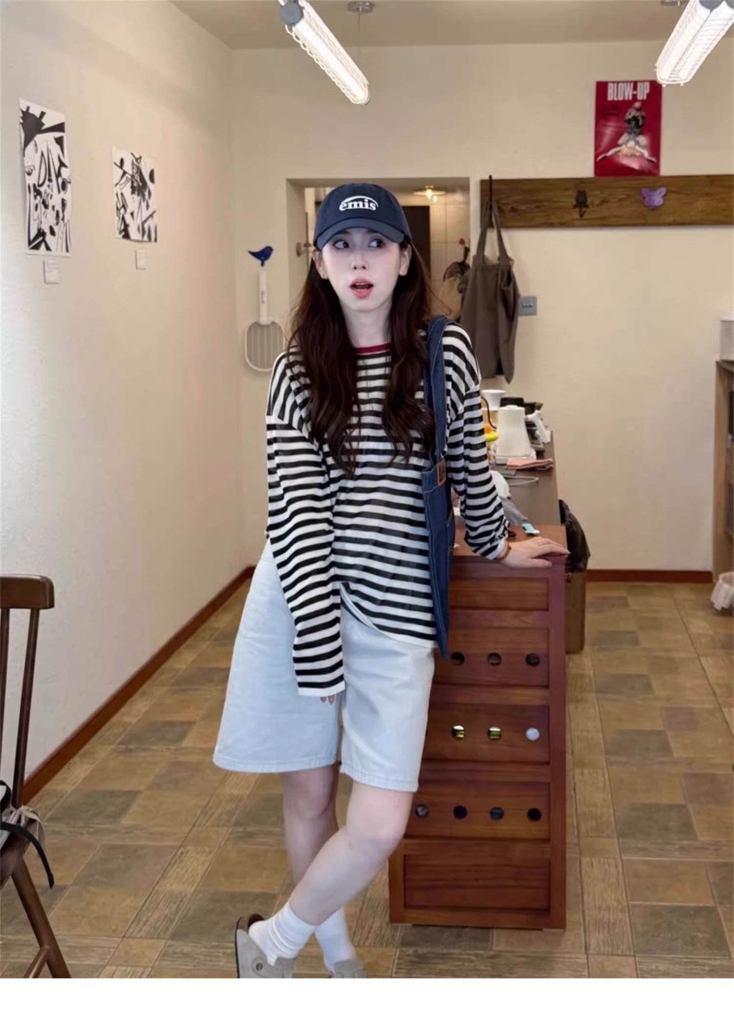黑白條紋圓領長袖防曬罩衫t恤女夏季外穿薄款慵懶風寬松顯瘦上衣