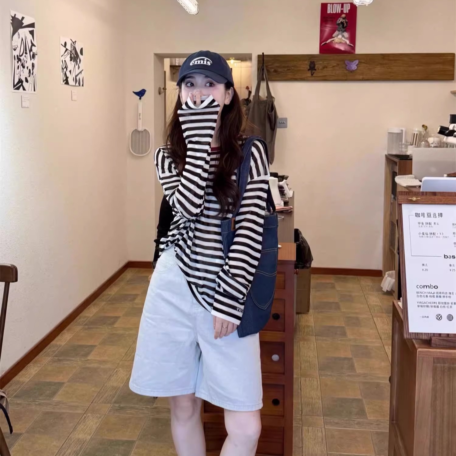黑白條紋圓領長袖防曬罩衫t恤女夏季外穿薄款慵懶風寬松顯瘦上衣