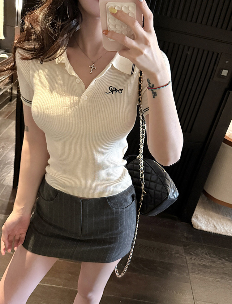 邱肉瑤 經典簡約修身polo領針織衫女夏季新款顯瘦百搭氣質上衣
