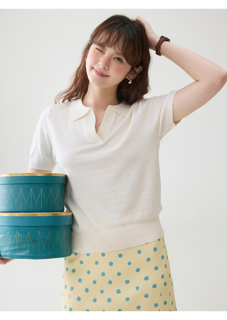 北島AMUU韓系純色翻v領短袖針織衫女26夏季新款溫柔顯瘦上衣