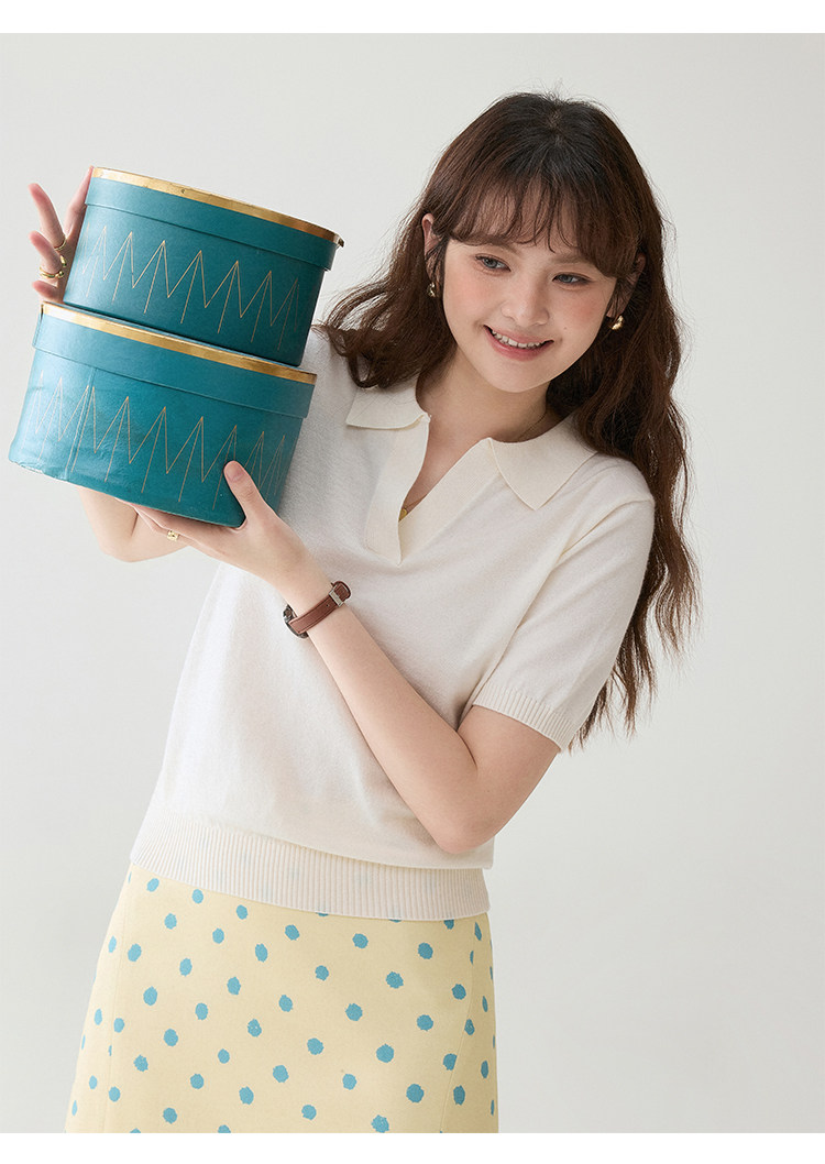 北島AMUU韓系純色翻v領短袖針織衫女26夏季新款溫柔顯瘦上衣