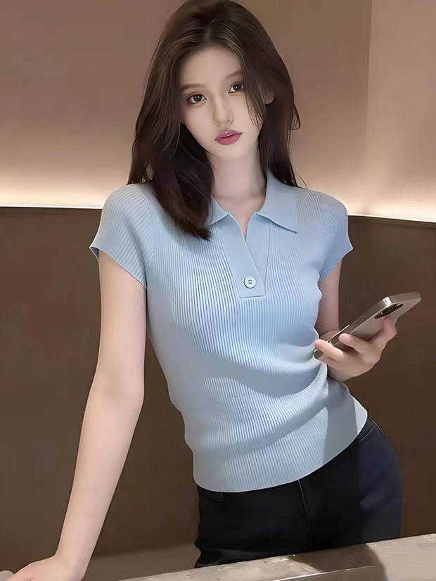 韓系短款polo領正肩短袖針織衫女2026新款夏季修身絕美巨好看上衣