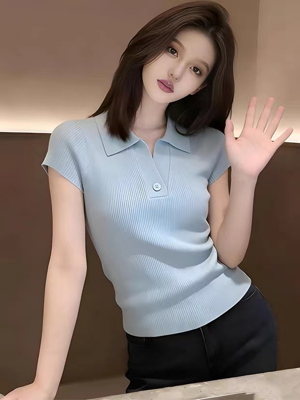 韓系短款polo領正肩短袖針織衫女2026新款夏季修身絕美巨好看上衣