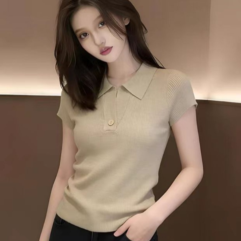 韓系短款polo領正肩短袖針織衫女2026新款夏季修身絕美巨好看上衣