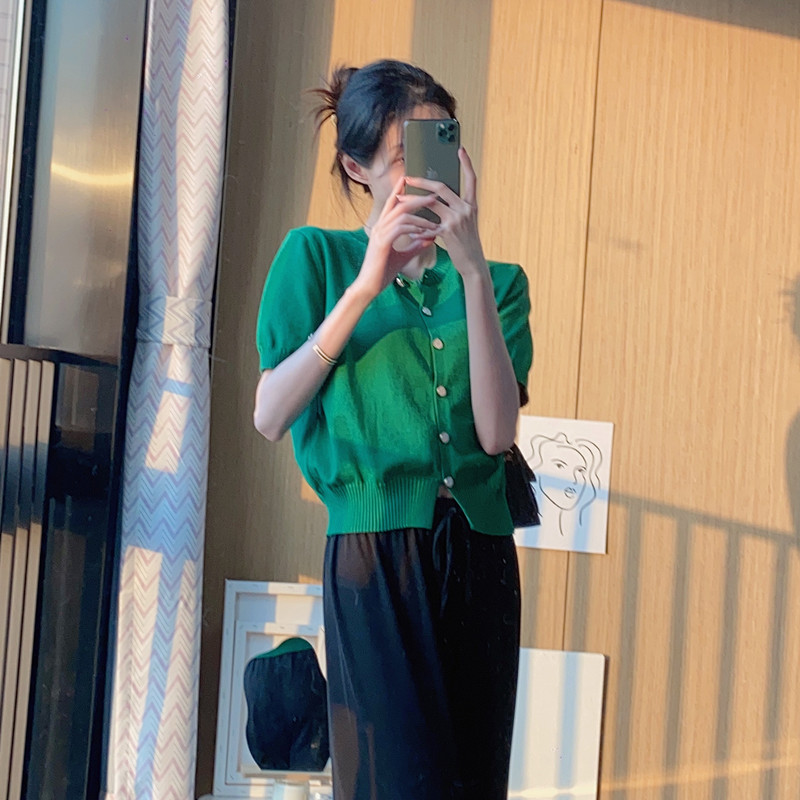 FCY studio綠色短袖針織上衣女2022春夏新款韓版百搭休閑短款小衫