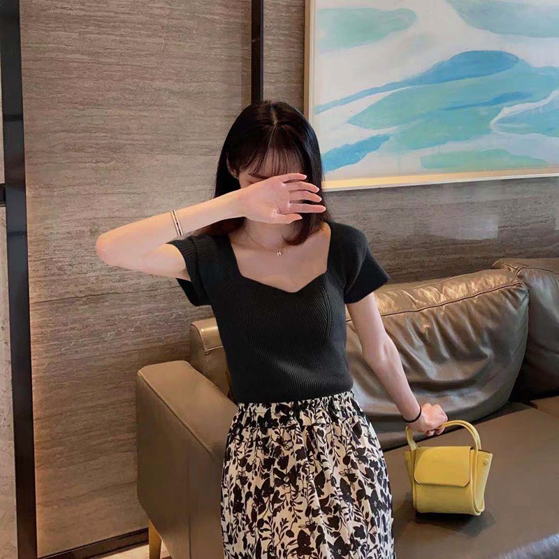 冰絲針織衫方領上衣女夏新款設計感小眾百搭修身套頭顯瘦短袖T恤