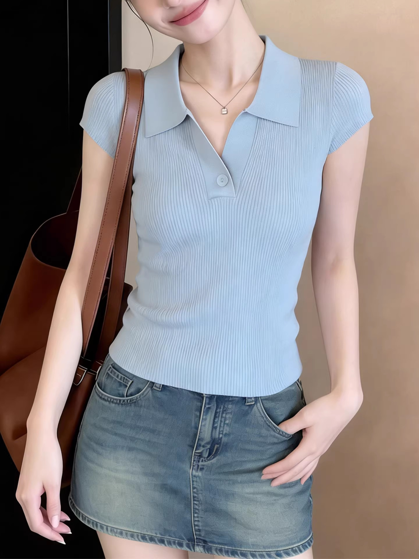 韓系polo領藍色冰絲針織短袖t恤女夏季小個子超好看漂亮獨特上衣