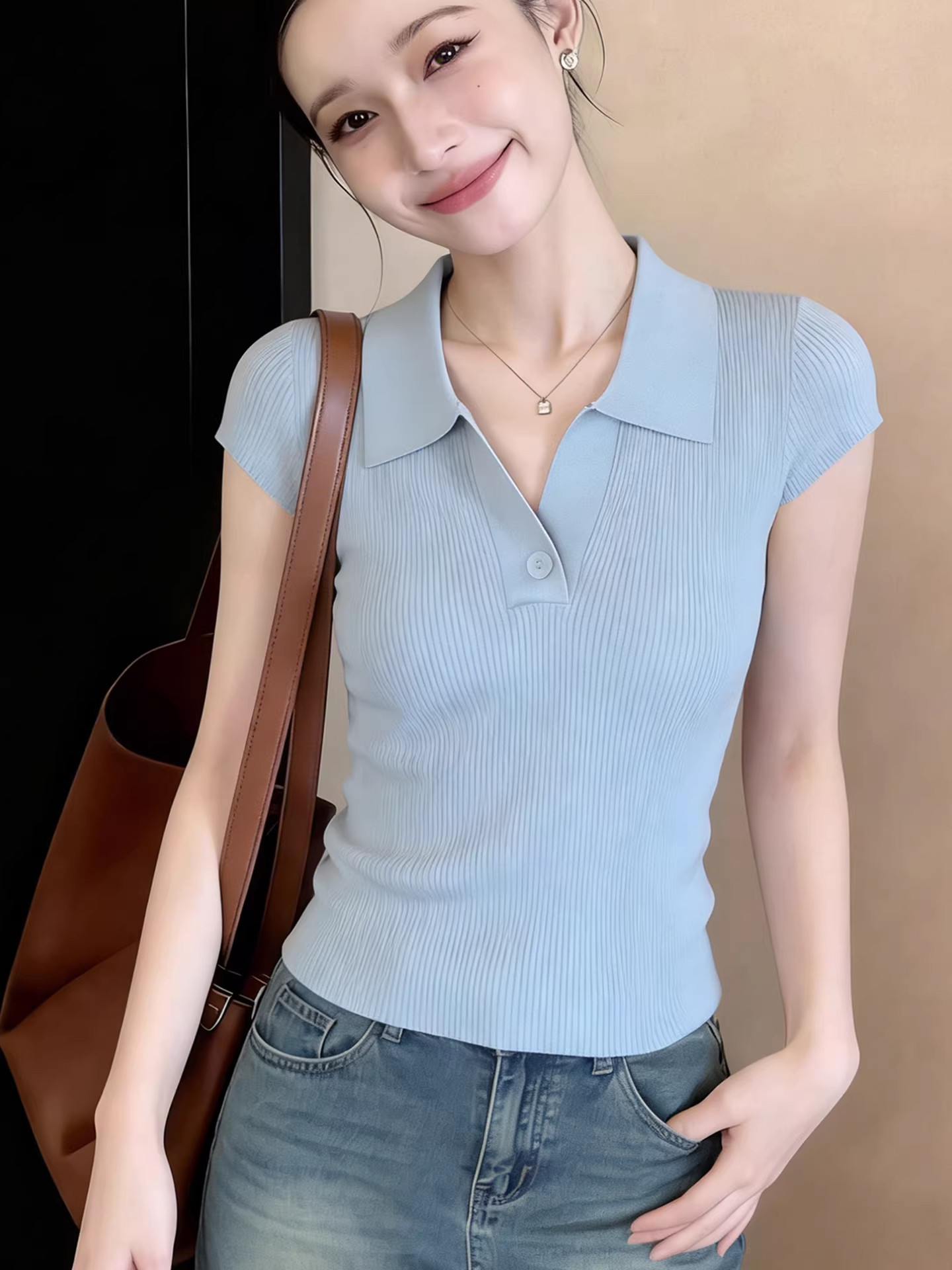 韓系polo領藍色冰絲針織短袖t恤女夏季小個子超好看漂亮獨特上衣