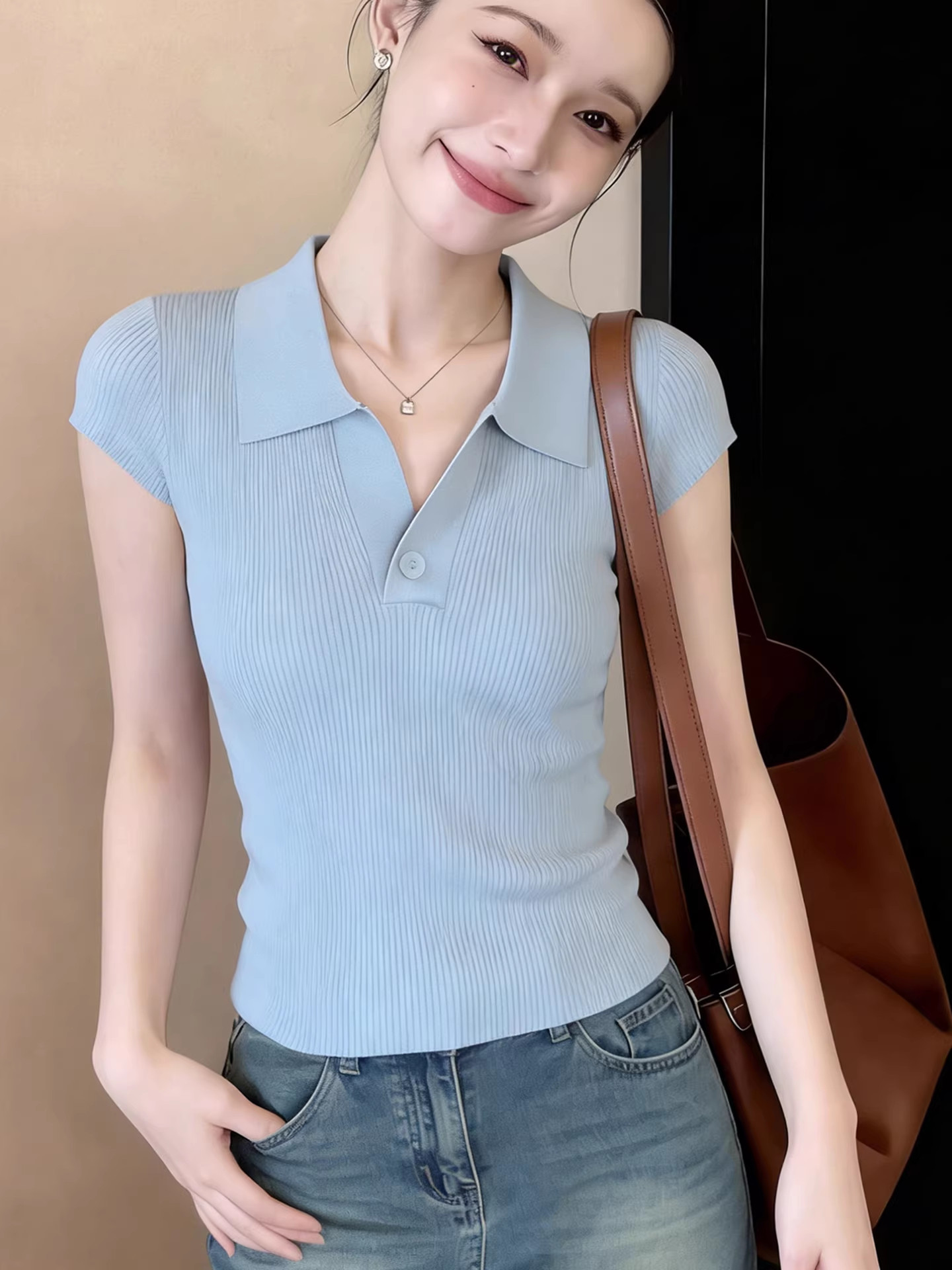 韓系polo領藍色冰絲針織短袖t恤女夏季小個子超好看漂亮獨特上衣