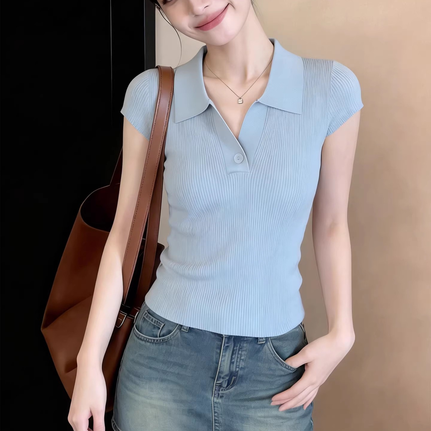 韓系polo領藍色冰絲針織短袖t恤女夏季小個子超好看漂亮獨特上衣
