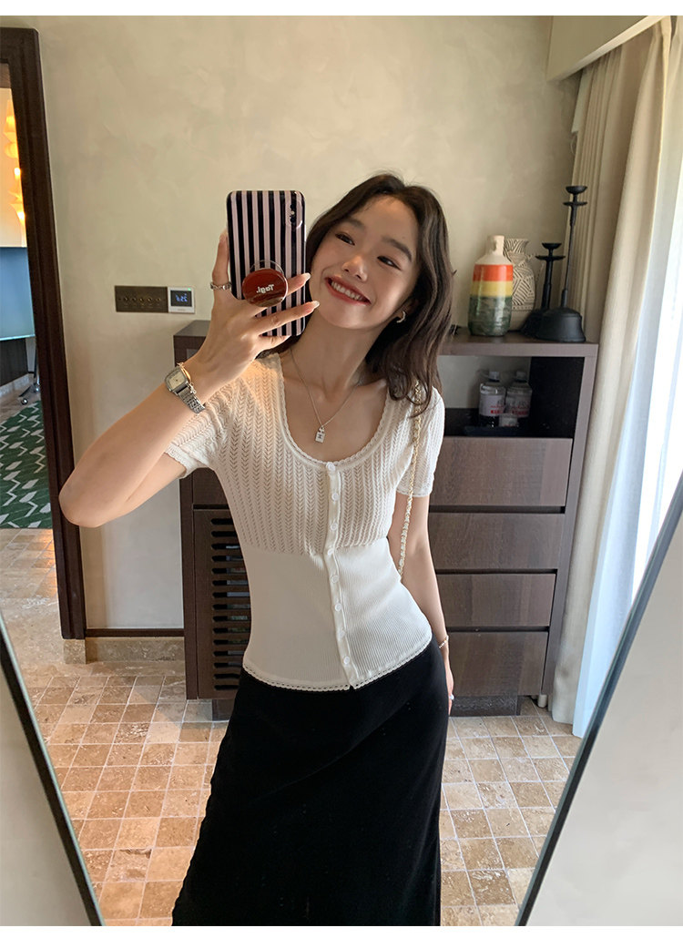 pusumede松弛隨性 白色圓領鏤空短袖T恤女夏修身薄款針織開衫上衣