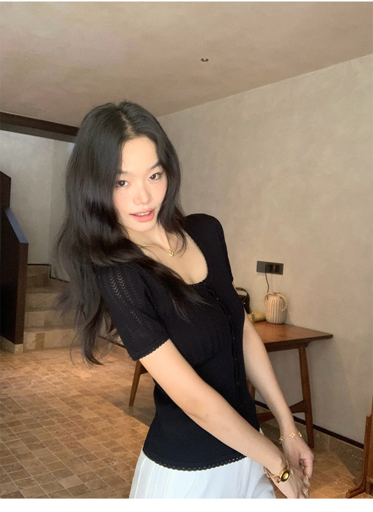pusumede松弛隨性 白色圓領鏤空短袖T恤女夏修身薄款針織開衫上衣