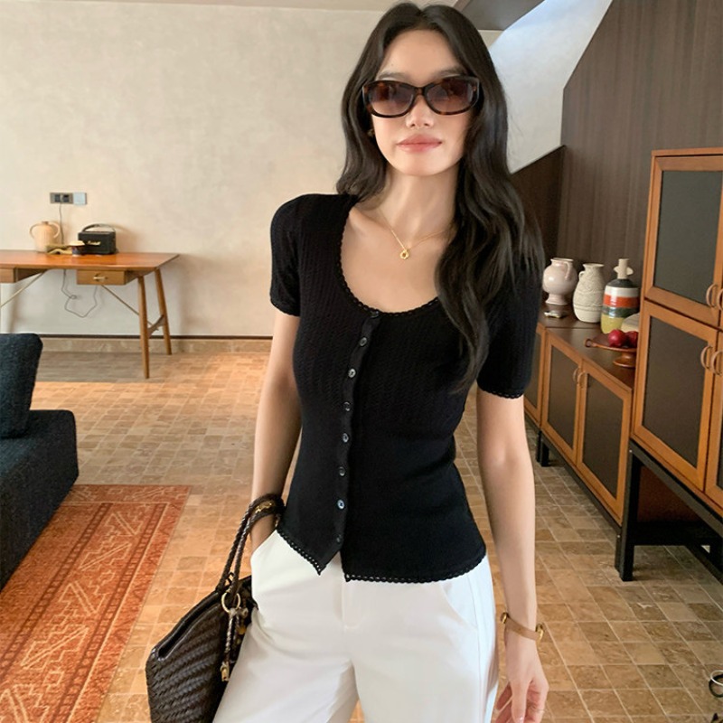 pusumede松弛隨性 白色圓領鏤空短袖T恤女夏修身薄款針織開衫上衣