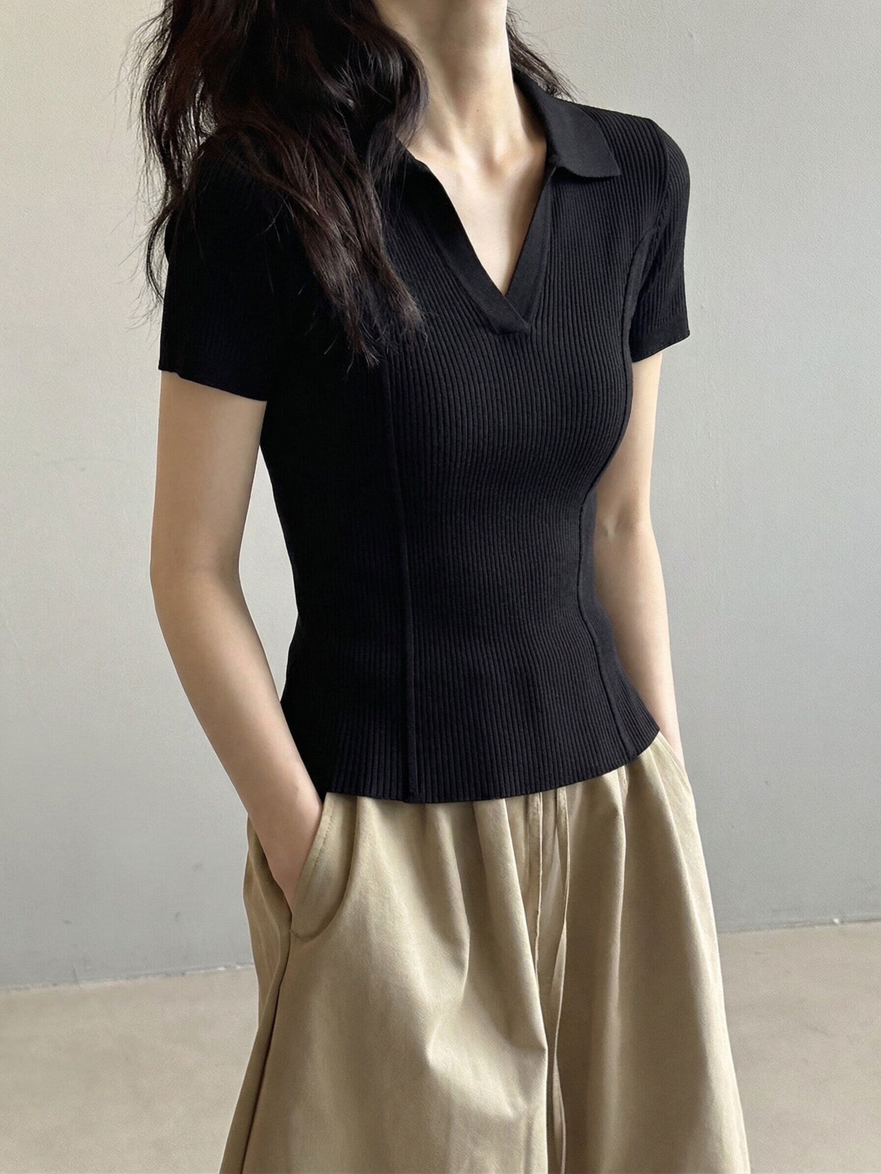 法式polo翻領正肩短袖針織衫女2026新款夏季修身顯瘦辣妹百搭上衣