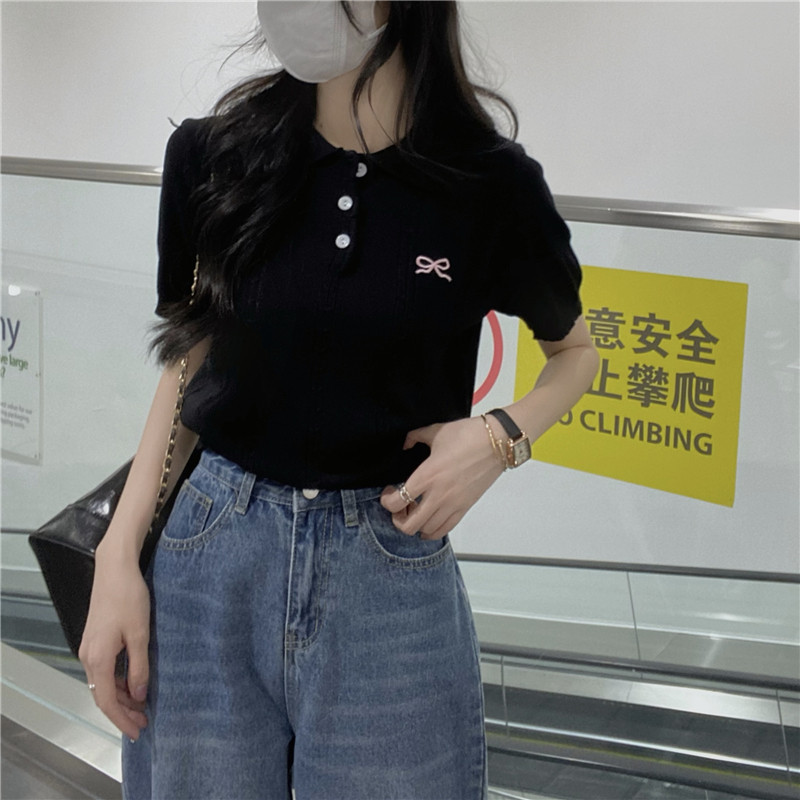 2026新款春夏季學院風polo領灰色短袖針織衫女t恤高級正肩上衣潮