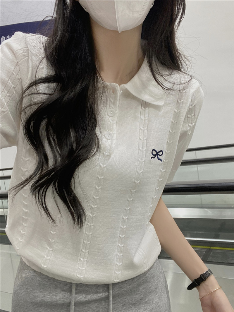 2026新款春夏季學院風polo領灰色短袖針織衫女t恤高級正肩上衣潮