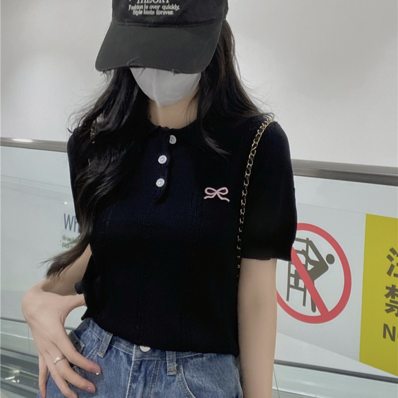 2026新款春夏季學院風polo領灰色短袖針織衫女t恤高級正肩上衣潮