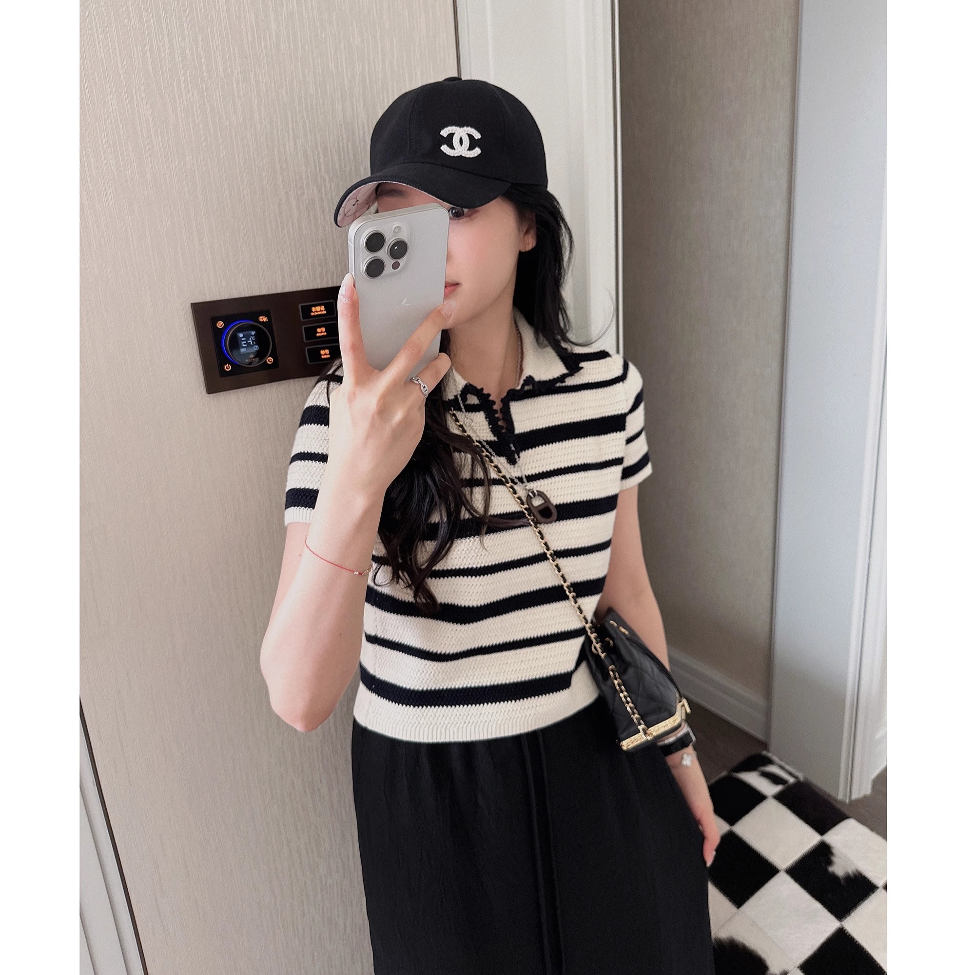 RUBBIT夏末新品 miu系條紋針織小衫 立體棉翻領polo短袖上衣女