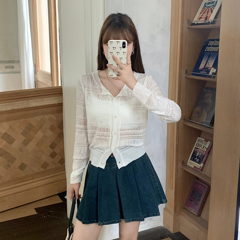 邱肉瑤 清冷微透針織開衫女春季新款百搭修身顯瘦簡約慵懶風上衣