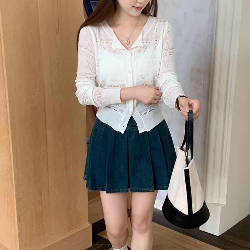 邱肉瑤 清冷微透針織開衫女春季新款百搭修身顯瘦簡約慵懶風上衣