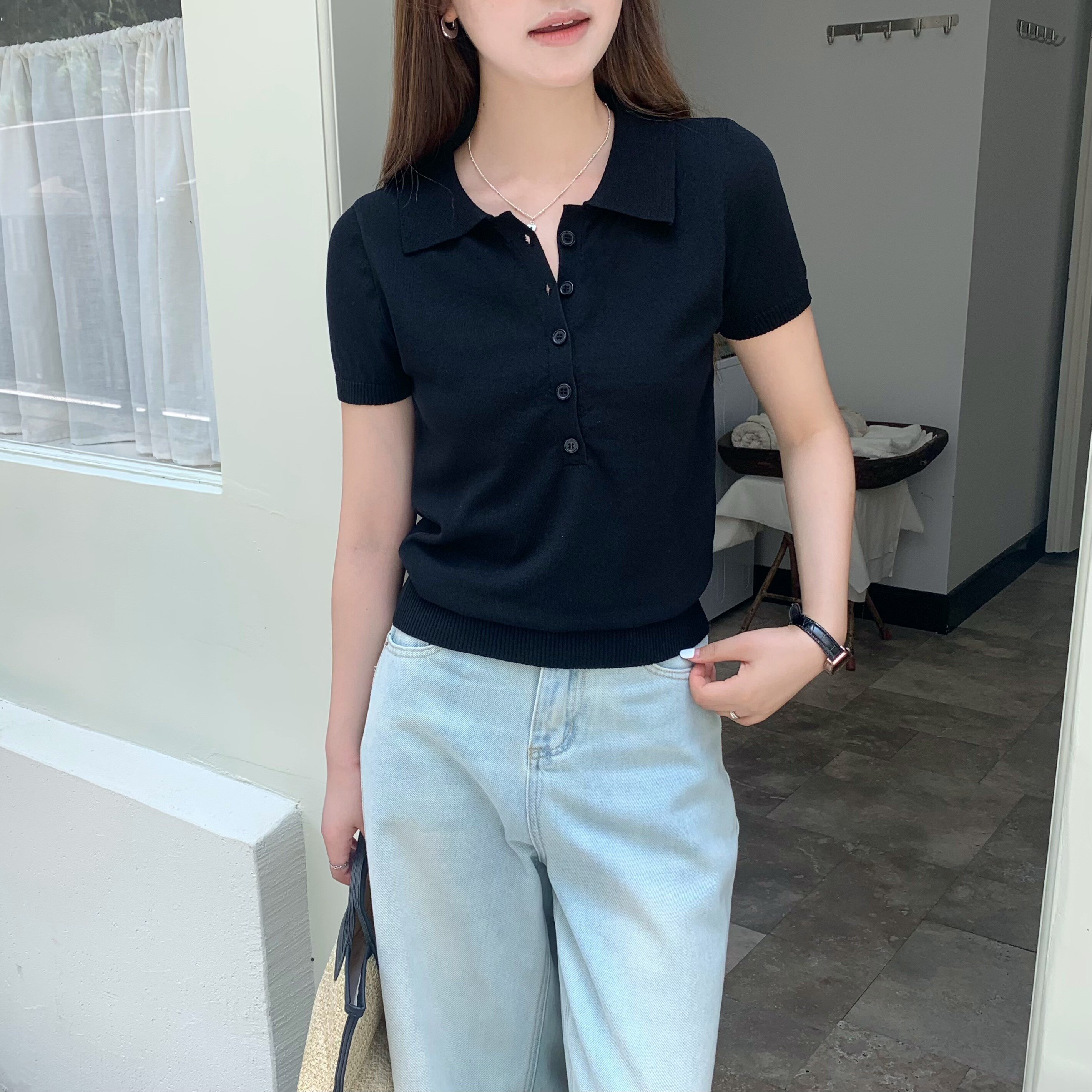 黑色polo領短袖女2026夏季新款簡約風高級感氣質修身顯瘦冰絲上衣