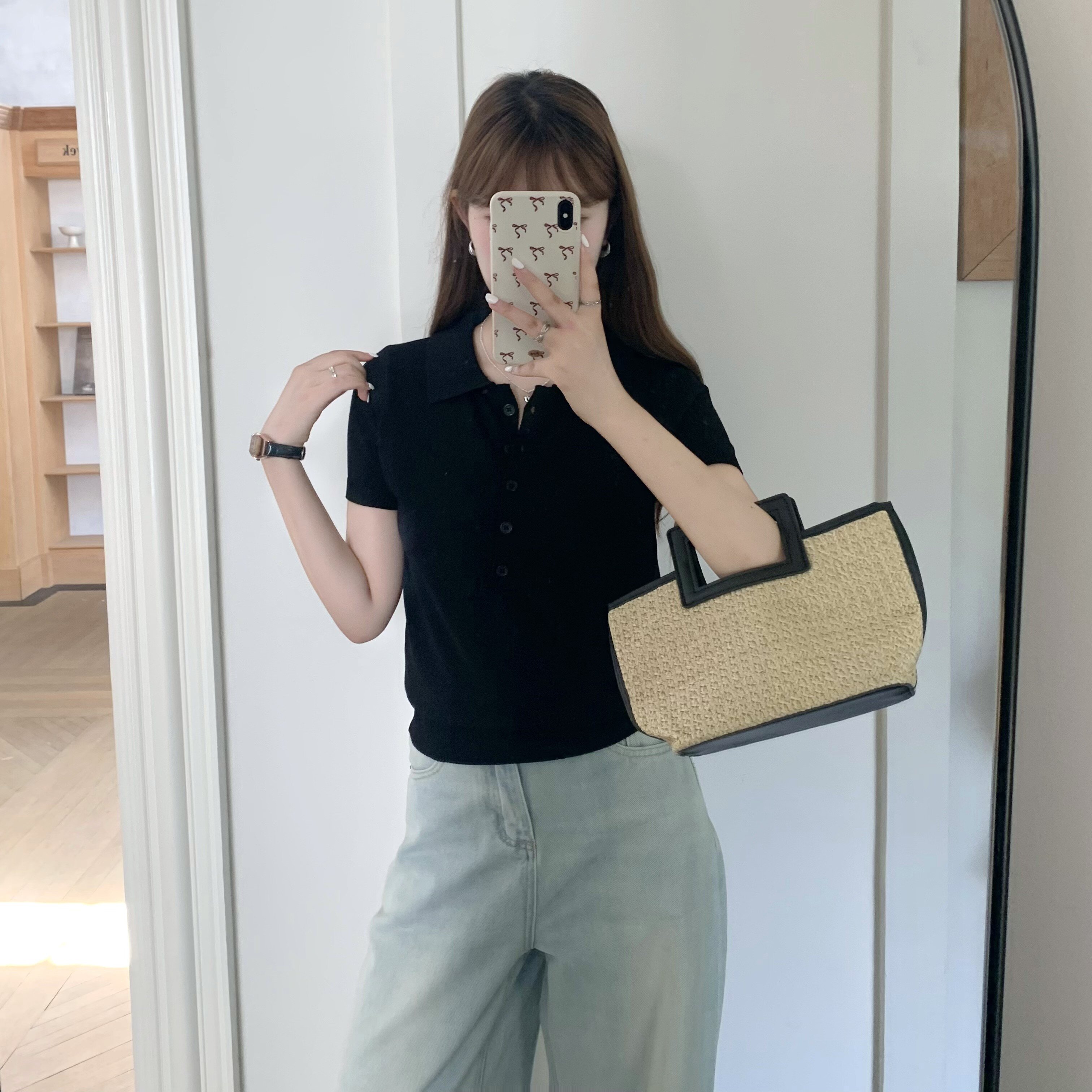 黑色polo領短袖女2026夏季新款簡約風高級感氣質修身顯瘦冰絲上衣