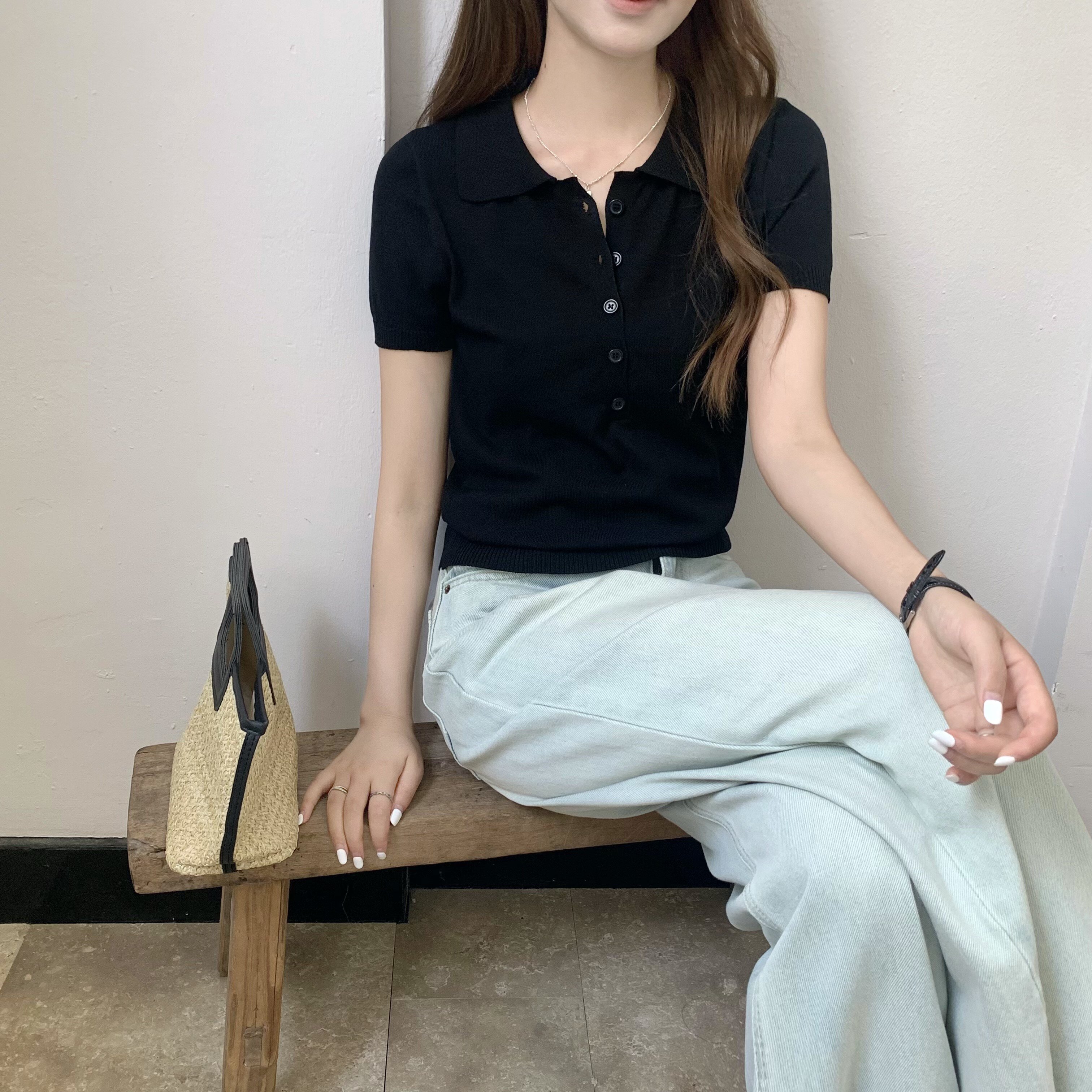 黑色polo領短袖女2026夏季新款簡約風高級感氣質修身顯瘦冰絲上衣