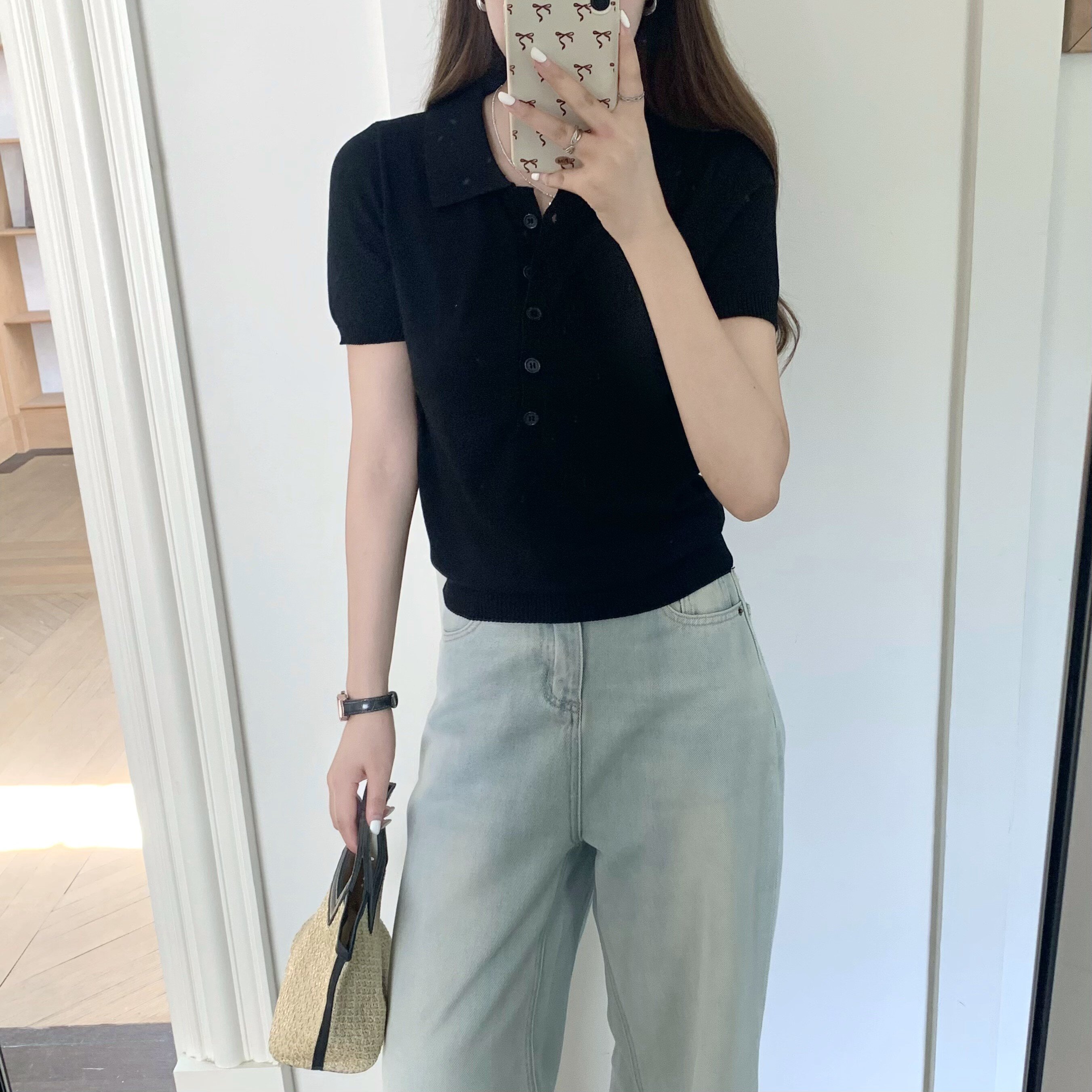 黑色polo領短袖女2026夏季新款簡約風高級感氣質修身顯瘦冰絲上衣